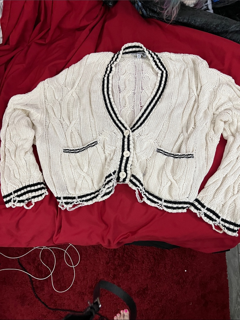 The Ragged Priest Cream V-Neck Cardigan with Black Trim - Picture 2 of 6